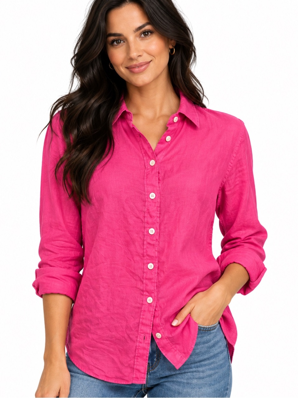 J. Crew Baird McNutt Bright Pink Irish Linen Long-Sleeve Button-Down Slim Shirt